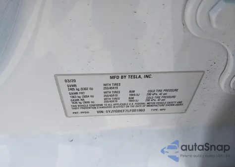 2020 Tesla Model Y Long Range Dual Motor All-Wheel Drive/Performance Dual Motor All-Wheel Drive z USA, uszkodzony, nr VIN 5YJYGDEF7LF001963